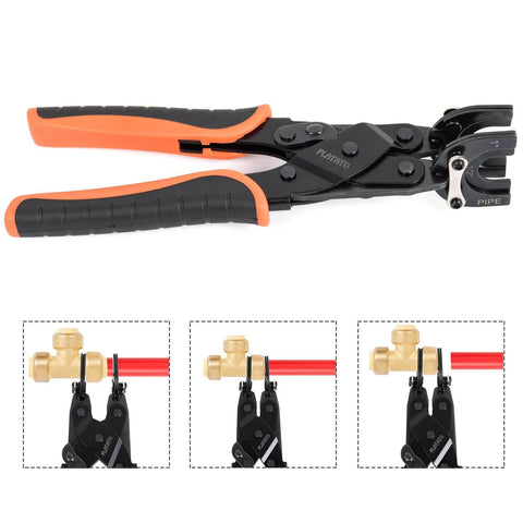Push to Connect Removal Tool for 1/2, 3/4, and 1 Inch Fittings with black and orange handle, shown with attached fittings