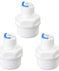 Set of three white plastic Three Quarter Inch Male Thread To One Quarter Inch OD PE Tube Push To Connect Straight Adapter for RO systems.