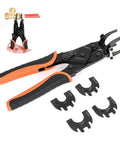 Push to Connect Removal Tool for 1/2, 3/4, and 1 Inch Fittings with adapters and black handle for PVC and copper pipe disconnection