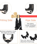 Front view of Push to Connect Removal Tool with 1/2 inch adapter removing fittings from PEX, PVC, and copper pipes.