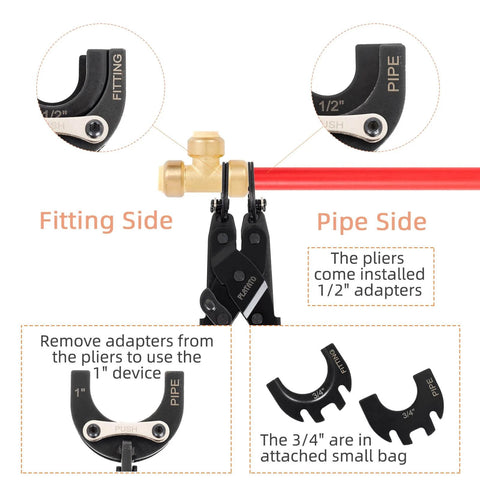 Front view of Push to Connect Removal Tool with 1/2 inch adapter removing fittings from PEX, PVC, and copper pipes.
