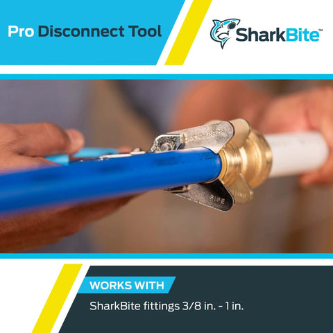Pro Push To Connect Disconnect Tool for 3/8 Inch to 1 Inch Fittings on PEX Copper, held by hands in use, close-up view.