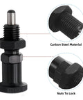 2 Pack Push Fit Ball Nose Spring Plungers With M12x1.5 Threads, carbon steel, showing retractable knob and locking nuts.