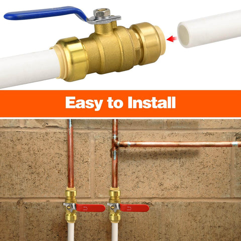 Two Pack Three Quarters Inch Push Fit Ball Valve With Disconnect Clip Full Port Push To Connect Water Shut Off Valve For Hot And Cold Water DIY Friendly For PEX PVC Or Copper Pipes No Lead Brass Easy Install shown installed on wall piping