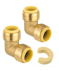 Pack Of Two Go-To Three Quarter Inch 90 Degree Push Fit Brass Elbow Fittings For Copper PEX CPVC And PE-RT Pipes, includes clip