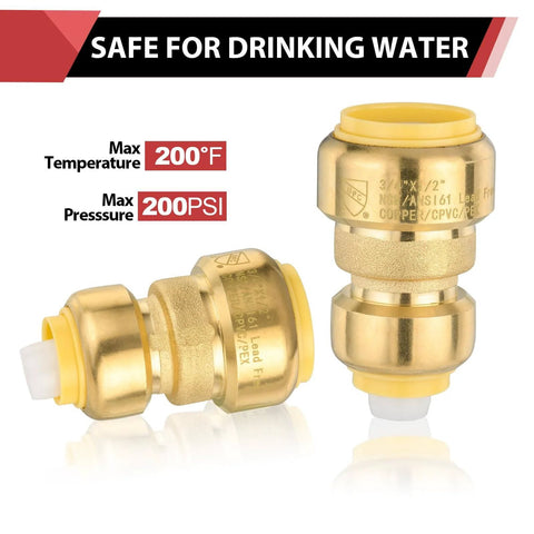 Five Pack Push Fit Reducing Coupling Three Quarters Inch By One Half Inch Brass Push To Connect Fitting For Copper PEX CPVC PE-RT