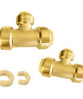 Pack Of 2 Push Fit Tee Brass Fittings Three Quarter Inch By Three Quarter Inch By One Half Inch For PEX Copper And CPVC Pipe Tubing With Disconnect Clip No Soldering Quick Install Leak Proof Lead Free CUPC Certified ANSI NSF 61 displayed with disconnect clips