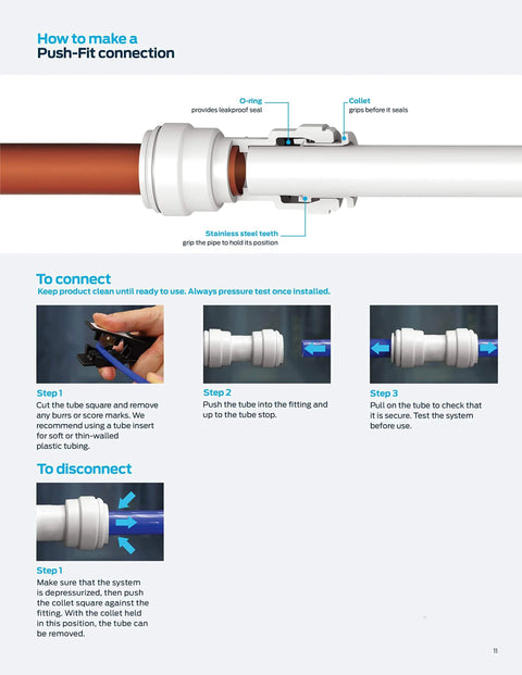 Diagram showing how to connect a push-fit valve with inline straight ball valve and push-to-connect fittings.