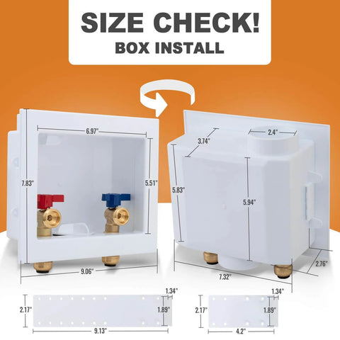 Push Fit Laundry Washer Valve Box With Center Drain, One Half Inch Push Fit Inlet To Three Quarter Inch MHT Outlet, Includes Two Disconnect Clips, dimensions shown