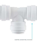 Front view of white reducing tee three eighths to three eighths and one quarter inch OD push to connect plastic plumbing fitting.