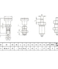 Technical drawing of Push Fit Ball Nose Spring Plunger with Stainless Steel Spring and Matte Black Glass Fiber Reinforced Housing, M12 size.