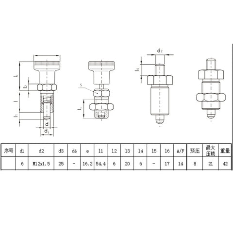 Technical drawing of Push Fit Ball Nose Spring Plunger with Stainless Steel Spring and Matte Black Glass Fiber Reinforced Housing, M12 size.