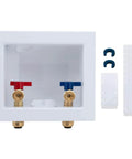 Push Fit Laundry Washer Valve Box With Center Drain, One Half Inch Push Fit Inlet To Three Quarter Inch MHT Outlet, Includes Two Disconnect Clips