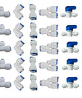 Quarter Inch Quick Connect Push In Water Tube Fittings For RO Systems No Tools Needed Plug And Play 1/4 Inch OD Push Fit Tee For 6mm Tubing BPA Free Thermoplastic Pack Of 30 Water Filter Fittings shown in various angles.