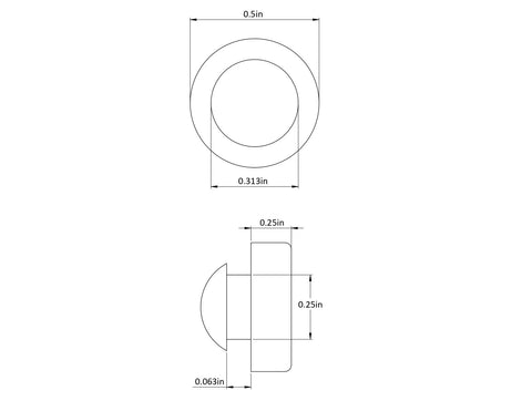 Technical drawing of Push In Rubber Bumper With Tight Grip Stem Fits Quarter Inch Hole For Use In One Sixteenth Inch Panel Thickness