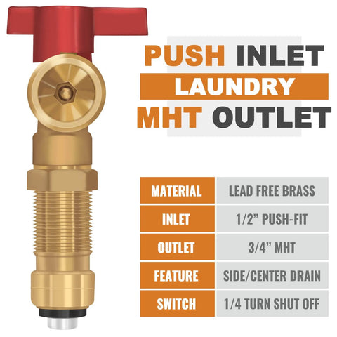 Push Fit Laundry Washer Valve Box With Center Drain, One Half Inch Push Fit Inlet To Three Quarter Inch MHT Outlet, brass valve visible