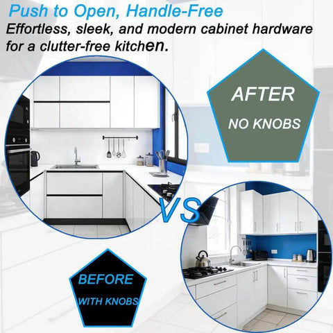 Before and after kitchen with Heavy Duty Push Latch Cabinet Hardware With Magnetic Door Catch, modern no-knob design.