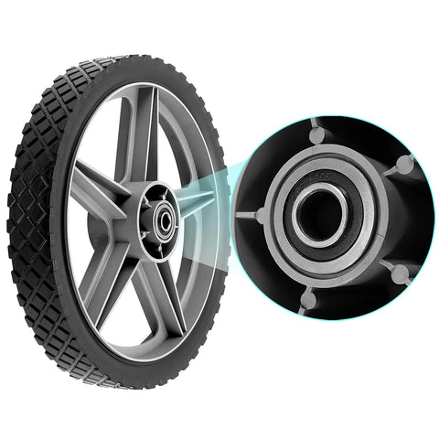 Close-up of a 3 Pack 12 x 1.75 Inch Push Mower Replacement Wheels with Spoke Plastic Design and Diamond Tread