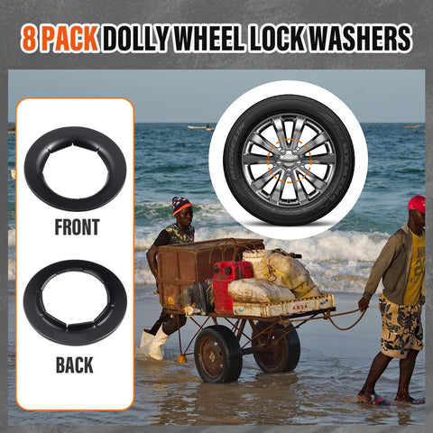 8 Pack Push On Dolly Wheel Lock Washers Fits Five Eighths Dolly Axle Rods with front and back view on beach scene