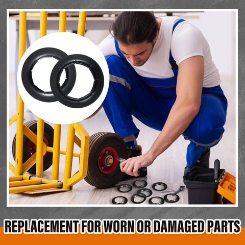 Man installing 8 Pack Push On Dolly Wheel Lock Washers Fits Five Eighths Dolly Axle Rods Spring Steel Oiled Phosphate Finish Black