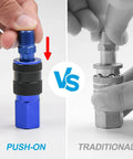 Comparison of push-on versus traditional air coupler from 15 Piece Air Hose Fittings Kit With One Quarter Inch Universal Air Couplers And Industrial Air Plugs, Quick Connect Fittings With Storage Case, Includes FNPT and MNPT Couplers, Plugs And Thread Seal Tape For Easy, Durable, Pro Grade Air Accessory Setup.