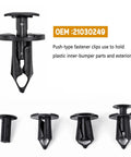 Push-type fastener clips OEM 21030249, used for plastic inner-bumper parts and exterior trim.