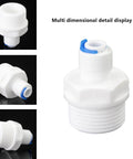 Three Quarter Inch Male Thread To One Quarter Inch OD PE Tube Push To Connect Straight Adapter For Plug And Play RO Water Filtration System Hose Double Joint Pre Purifier Water Purifier Plastic MNPT Fittings Set Of Three shown in multiple angles