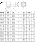 Technical diagram of 1/4 inch air tube fittings set, pro grade featuring 1/8 NPT female push-to-connect fittings, dimensions included.