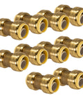 Half Inch Push To Connect Brass Plumbing Fitting 10 Pack for Copper PEX CPVC PE-RT Pipes shown in a close-up view.