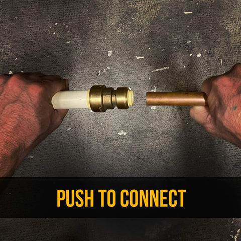 Two hands demonstrating Half Inch Push To Connect Brass Plumbing Fitting 10 Pack For Copper PEX CPVC PE-RT Pipes Easy Install.