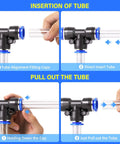 Instructions for inserting and removing tube in One Quarter Inch OD Push To Connect Pneumatic Fittings Kit With Forty Pieces Including Splitters Elbows Tees And Straights For Air Tubing Compatible With PU Nylon And Soft PE Tubes 0 To 145 PSI 0 To 60 C Easy Install High Pressure Resistance