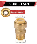 Two Pack Three Quarter Inch Push To Connect Male Adapters For Copper PEX CPVC And PE-RT Pipes With Disconnect Clip Lead Free Brass No Tools Or Soldering 200 PSI 200 Degree F For Potable Water And Hydronic Heating Installations - brass push-to-connect adapter front view showing 3/4 inch connections.