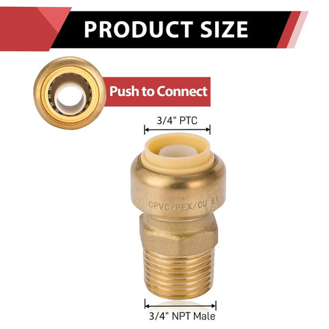 Two Pack Three Quarter Inch Push To Connect Male Adapters For Copper PEX CPVC And PE-RT Pipes With Disconnect Clip Lead Free Brass No Tools Or Soldering 200 PSI 200 Degree F For Potable Water And Hydronic Heating Installations - brass push-to-connect adapter front view showing 3/4 inch connections.