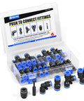 1/2 Inch OD Push To Connect Pneumatic Fittings Kit 30 Piece Set With 5 Splitters, 5 Elbows, 5 Tees, 5 Straights, 5 PPFs And 5 PP Adapters For Air Lines, Compatible With Nylon, PU And Soft PE Tubes, 0 To 145 PSI displayed in a case