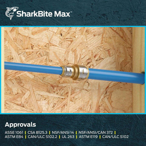 Installed Reducing Brass Push To Connect Coupling Three Quarter Inch To One Half Inch For PEX Copper CPVC PE RT And HDPE Plumbing Fittings No Soldering Needed Quick Install UR058A showing connection in wood panel