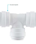 Front view of Reducing Tee Three Eighths To Three Eighths And One Quarter Inch OD Push To Connect Plastic Plumbing Fitting with EPDM O Rings