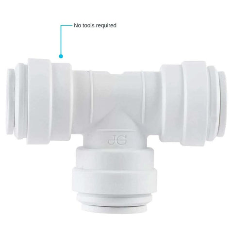 Front view of Reducing Tee Three Eighths To Three Eighths And One Quarter Inch OD Push To Connect Plastic Plumbing Fitting with EPDM O Rings