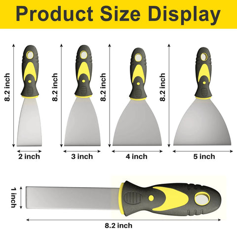 5Pcs Putty Knife Set With 1 Inch 2 Inch 3 Inch 4 Inch And 5 Inch Scrapers displayed with size measurements