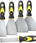 5Pcs Putty Knife Set With 1 Inch 2 Inch 3 Inch 4 Inch And 5 Inch Scrapers For Drywall Repair Spackle Painting Scraping Wallpaper Removal Plaster Mud And Stucco No Rust Durable Multi Purpose Tools For Home Renovation showing five knives with black and yellow handles