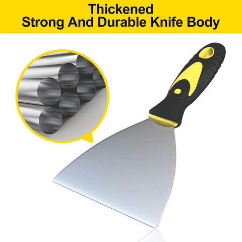 Close-up of a stainless steel putty knife with black and yellow soft grip handle, highlighting thickness and durability for heavy use.