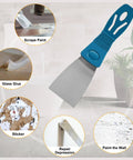 Putty knife scraper with features for scraping paint, glass glue, sticker removal, repair depressions, and painting walls.