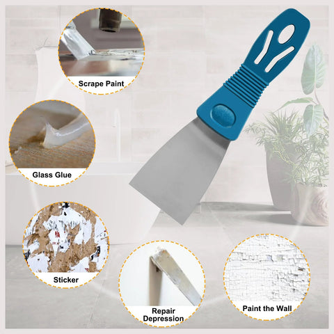Putty knife scraper with features for scraping paint, glass glue, sticker removal, repair depressions, and painting walls.