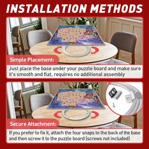 Installation methods of 360 Degree Rotating Puzzle Board Base with Smooth Swivel Turntable for Jigsaw Puzzles, shown on a table.