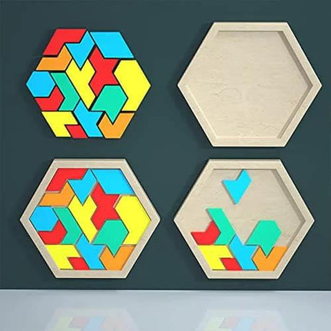 4 hexagonal silicone tray molds, 5 Piece Puzzle Resin Molds Set for epoxy casting, showing tangram shapes in vibrant colors.