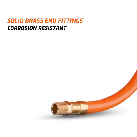 Close-up of Three Eighth Inch PVC Air Hose Kit 25 Foot With Seventeen Piece Accessory Set Featuring Solid Brass Ends and connectors.