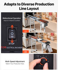 Industrial PVC Belt Conveyor 47 Inch By Seven Point Eight Inch In Corrosion Resistant Stainless Steel With 110 Volt Electric Adjustable Speed and Double Guardrail, control switch focus.