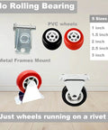 Assorted PVC wheels and metal frames for furniture, no rolling bearing, available in sizes 1 to 3 inches, multiple views.