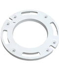 White closet flange spacer, half inch thick PVC, stackable, with metal ring, designed for precise alignment on 4-inch drain lines.