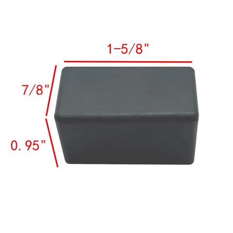 Durable PVC end cap fits 13/16 and 7/8 inch tall strut channels, shown in black with dimensions 1-5/8 L x 7/8 W x 0.95 H.