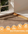 Floor Transition Strip 3.3ft, Double Sided Self-Adhesive PVC, Light Brown, installed in doorway showing multifunctional use icons.